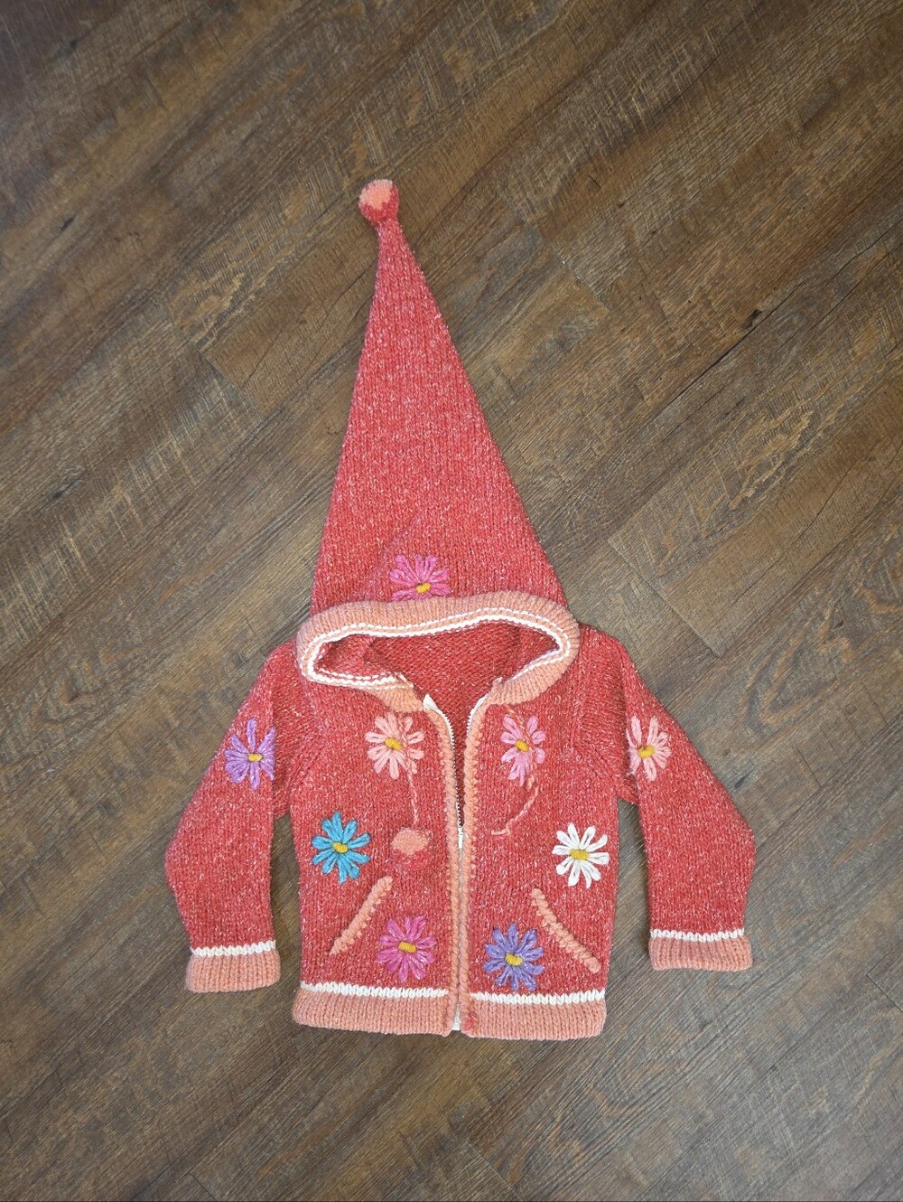 VTG E.C.C. Ecuadorian Clothing Co Wool Floral Cotton Fairy Elf Hood Sweater Sz S